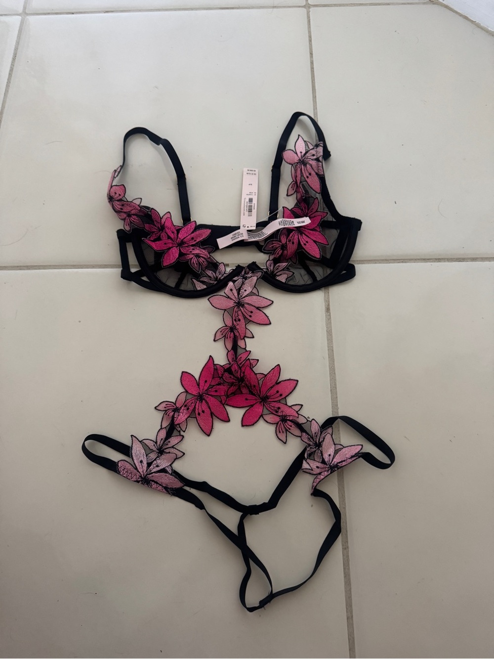 Floral Appliqué Black and Pink Lace Bodysuit Victoria’s Secret